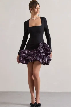 Surreal | Black Polka Dot Square-Neck Mini Dress With Ruffles