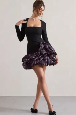 Surreal | Black Polka Dot Square-Neck Mini Dress With Ruffles