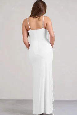 Susan | White Maternity Bandeau Ruffle Maxi Dress With Thigh Splits
