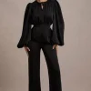 Suzanna | Black Satin Puff-Sleeve Wide-Leg Jumpsuit
