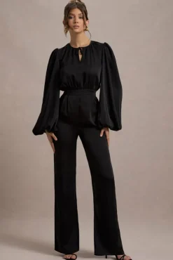 Suzanna | Black Satin Puff-Sleeve Wide-Leg Jumpsuit