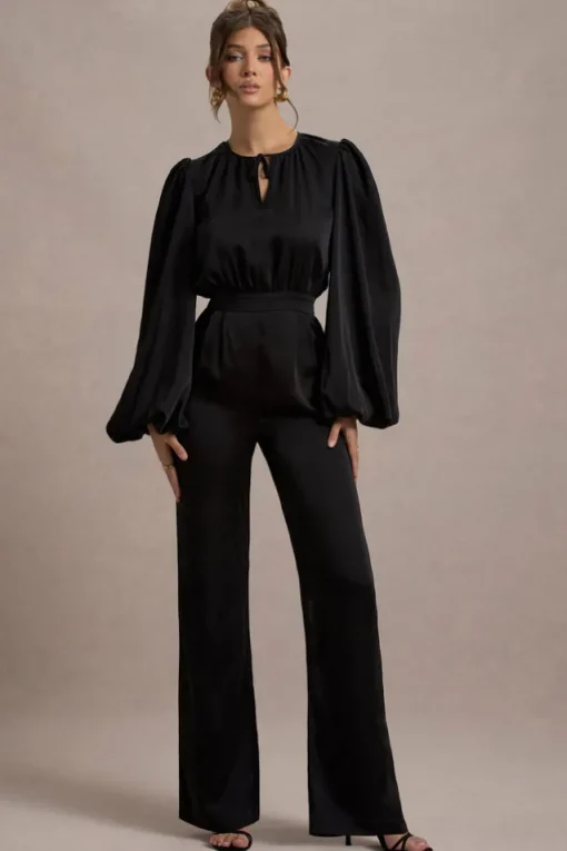 Suzanna | Black Satin Puff-Sleeve Wide-Leg Jumpsuit