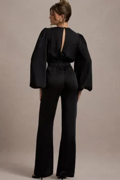 Suzanna | Black Satin Puff-Sleeve Wide-Leg Jumpsuit