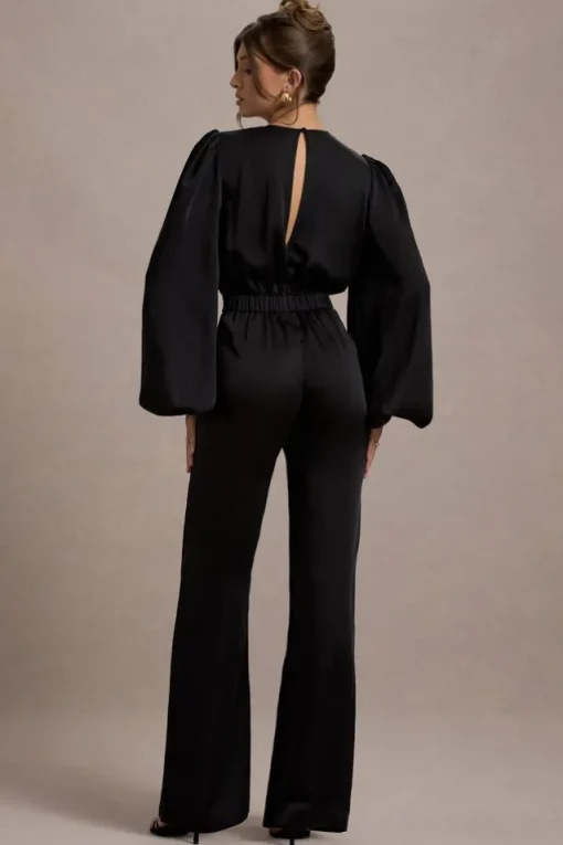 Suzanna | Black Satin Puff-Sleeve Wide-Leg Jumpsuit