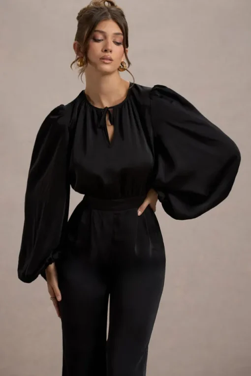 Suzanna | Black Satin Puff-Sleeve Wide-Leg Jumpsuit