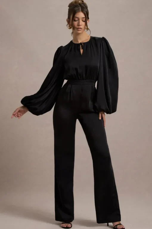 Suzanna | Black Satin Puff-Sleeve Wide-Leg Jumpsuit