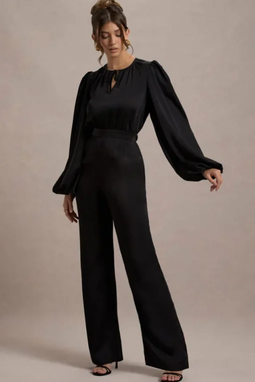 Suzanna | Black Satin Puff-Sleeve Wide-Leg Jumpsuit