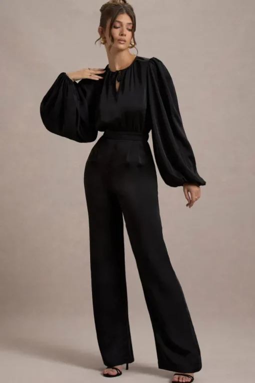 Suzanna | Black Satin Puff-Sleeve Wide-Leg Jumpsuit