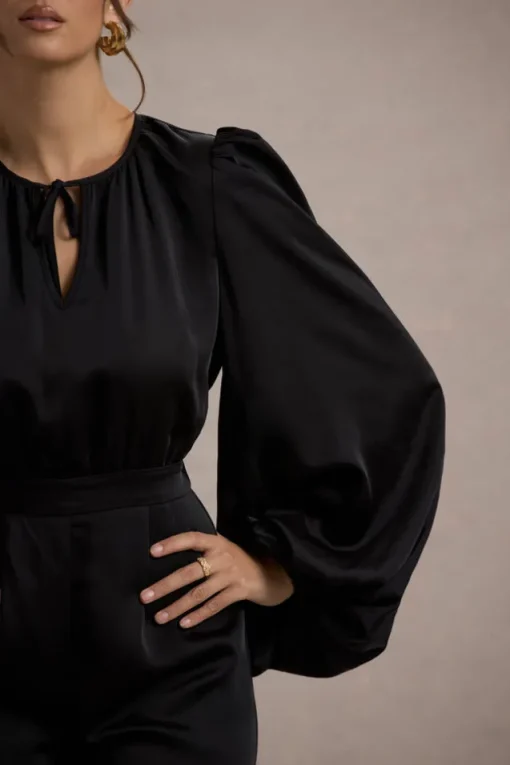 Suzanna | Black Satin Puff-Sleeve Wide-Leg Jumpsuit