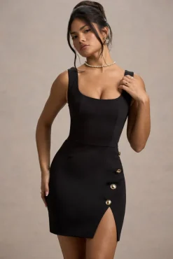 Suzanne | Black Scoop-Neck Mini Dress With Split Skirt