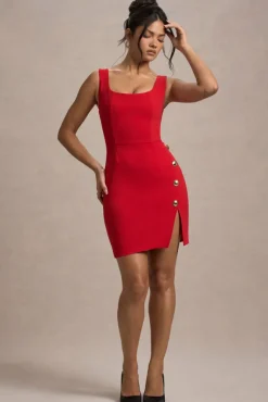 Suzanne | Red Scoop-Neck Mini Dress With Split Skirt
