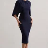 Sweeney | Navy Draped Short-Sleeve Midi Dress