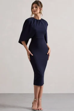Sweeney | Navy Draped Short-Sleeve Midi Dress