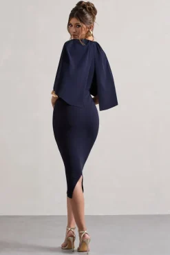 Sweeney | Navy Draped Short-Sleeve Midi Dress