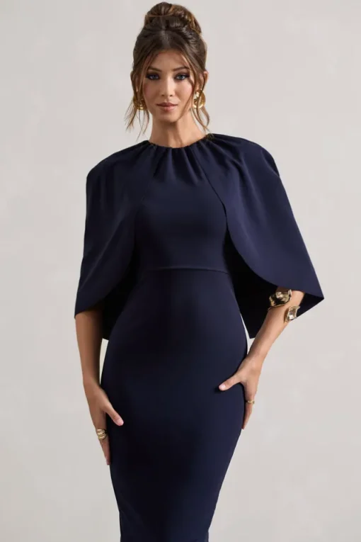Sweeney | Navy Draped Short-Sleeve Midi Dress