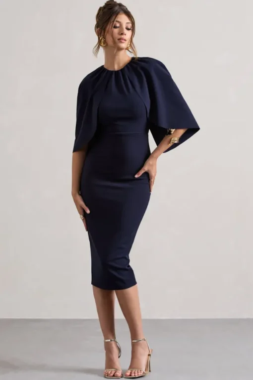 Sweeney | Navy Draped Short-Sleeve Midi Dress