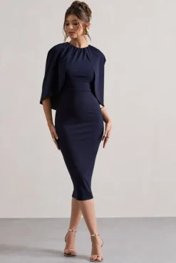 Sweeney | Navy Draped Short-Sleeve Midi Dress