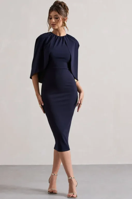 Sweeney | Navy Draped Short-Sleeve Midi Dress