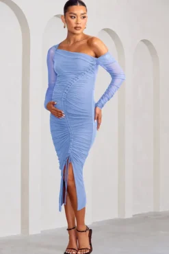 Sweet Dreams | Powder Blue Maternity Asymmetric Ruched Midi Dress