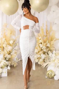 Sweet Dreams | White Maternity Asymmetric Ruched Midi Dress