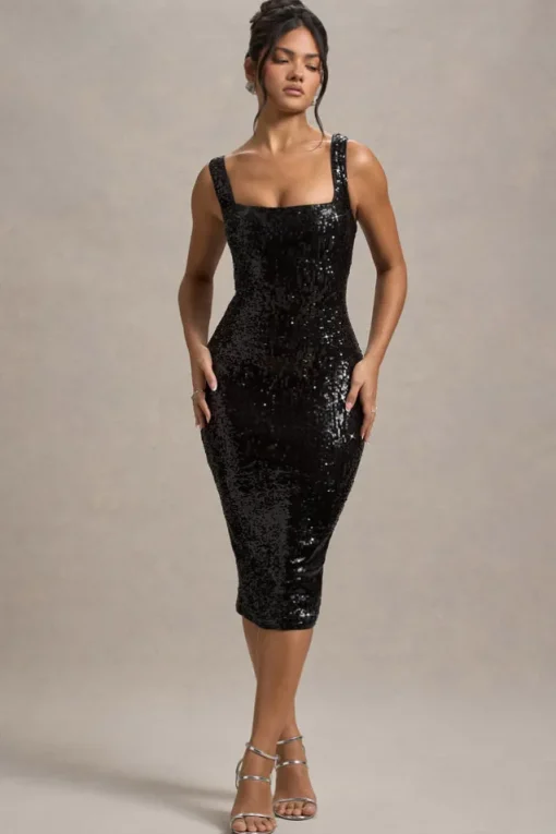 Sweet Spark | Black Sequin Square-Neck Midi Dress