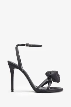 Sweet Step | Black Satin Strappy Heeled Sandals With Flowers