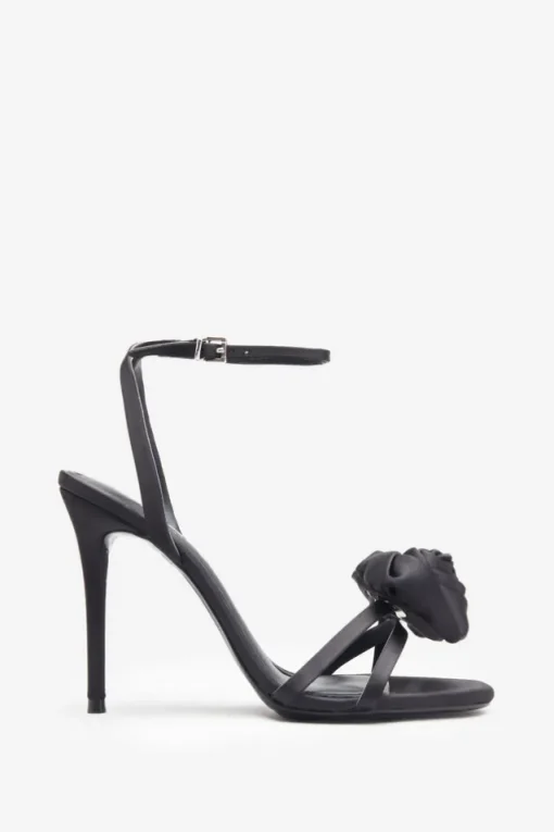 Sweet Step | Black Satin Strappy Heeled Sandals With Flowers