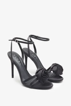 Sweet Step | Black Satin Strappy Heeled Sandals With Flowers