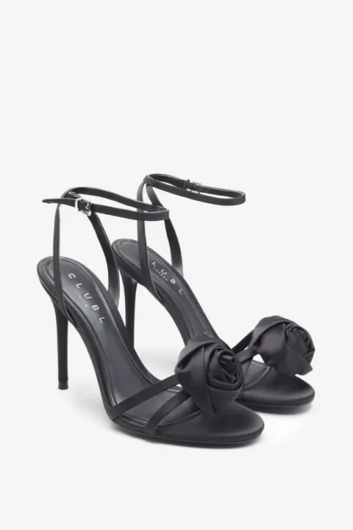 Sweet Step | Black Satin Strappy Heeled Sandals With Flowers