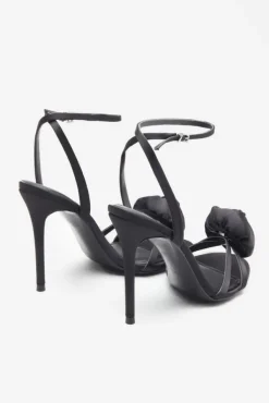 Sweet Step | Black Satin Strappy Heeled Sandals With Flowers
