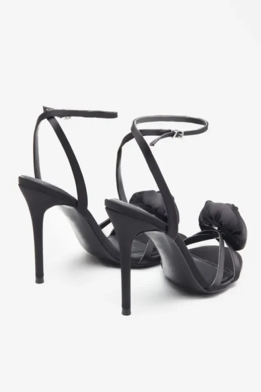 Sweet Step | Black Satin Strappy Heeled Sandals With Flowers