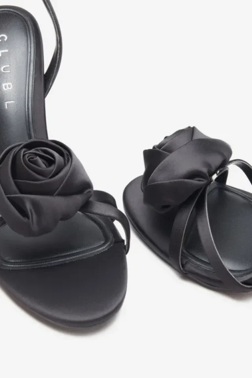 Sweet Step | Black Satin Strappy Heeled Sandals With Flowers
