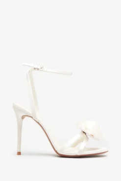 Sweet Step | Ivory Satin Strappy Heeled Sandals With Flowers