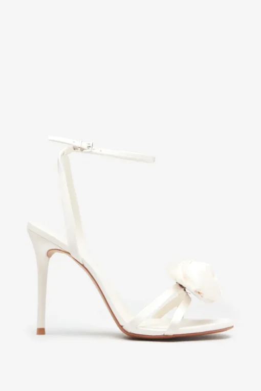 Sweet Step | Ivory Satin Strappy Heeled Sandals With Flowers