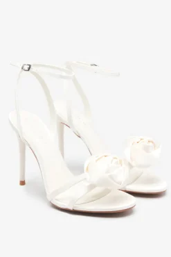 Sweet Step | Ivory Satin Strappy Heeled Sandals With Flowers