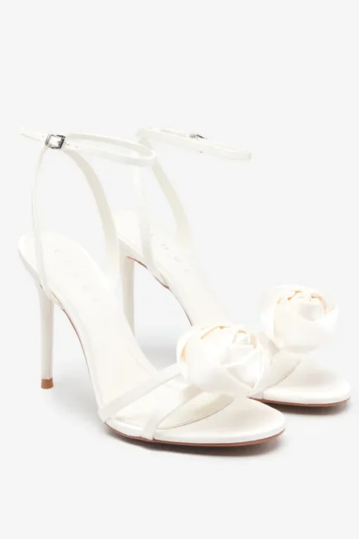 Sweet Step | Ivory Satin Strappy Heeled Sandals With Flowers