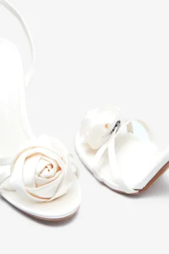 Sweet Step | Ivory Satin Strappy Heeled Sandals With Flowers