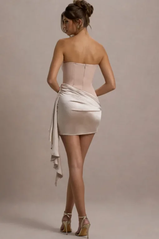Sweet Talk | Nude Satin Bandeau Mini Dress With Drape Skirt