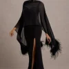 Swoon | Black Chiffon Feather-Trim Shawl