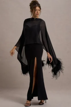 Swoon | Black Chiffon Feather-Trim Shawl