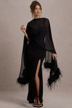 Swoon | Black Chiffon Feather-Trim Shawl