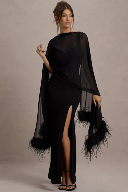 Swoon | Black Chiffon Feather-Trim Shawl