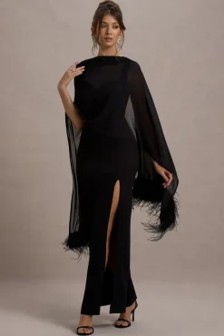 Swoon | Black Chiffon Feather-Trim Shawl