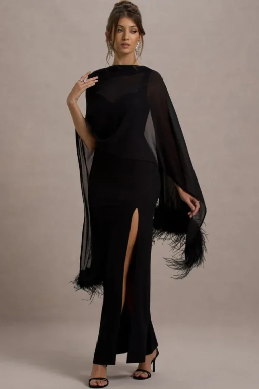 Swoon | Black Chiffon Feather-Trim Shawl