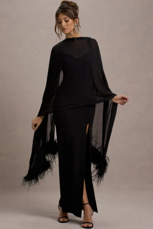 Swoon | Black Chiffon Feather-Trim Shawl