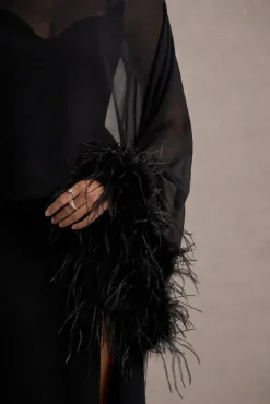 Swoon | Black Chiffon Feather-Trim Shawl