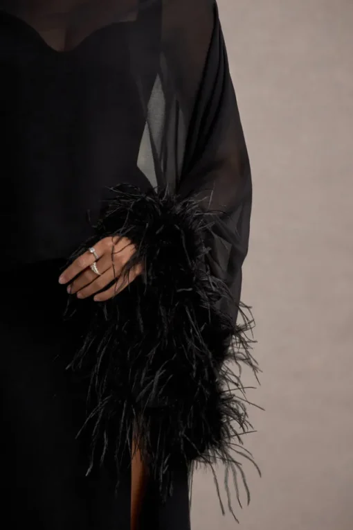 Swoon | Black Chiffon Feather-Trim Shawl