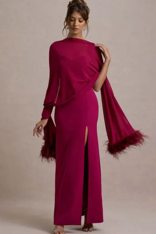 Swoon | Mulberry Chiffon Feather-Trim Shawl