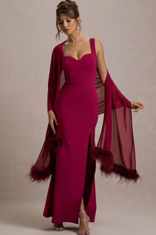 Swoon | Mulberry Chiffon Feather-Trim Shawl