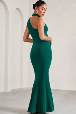Sylvia | Bottle Green Ruched Asymmetric Maternity Maxi Dress With Wrap-Collar